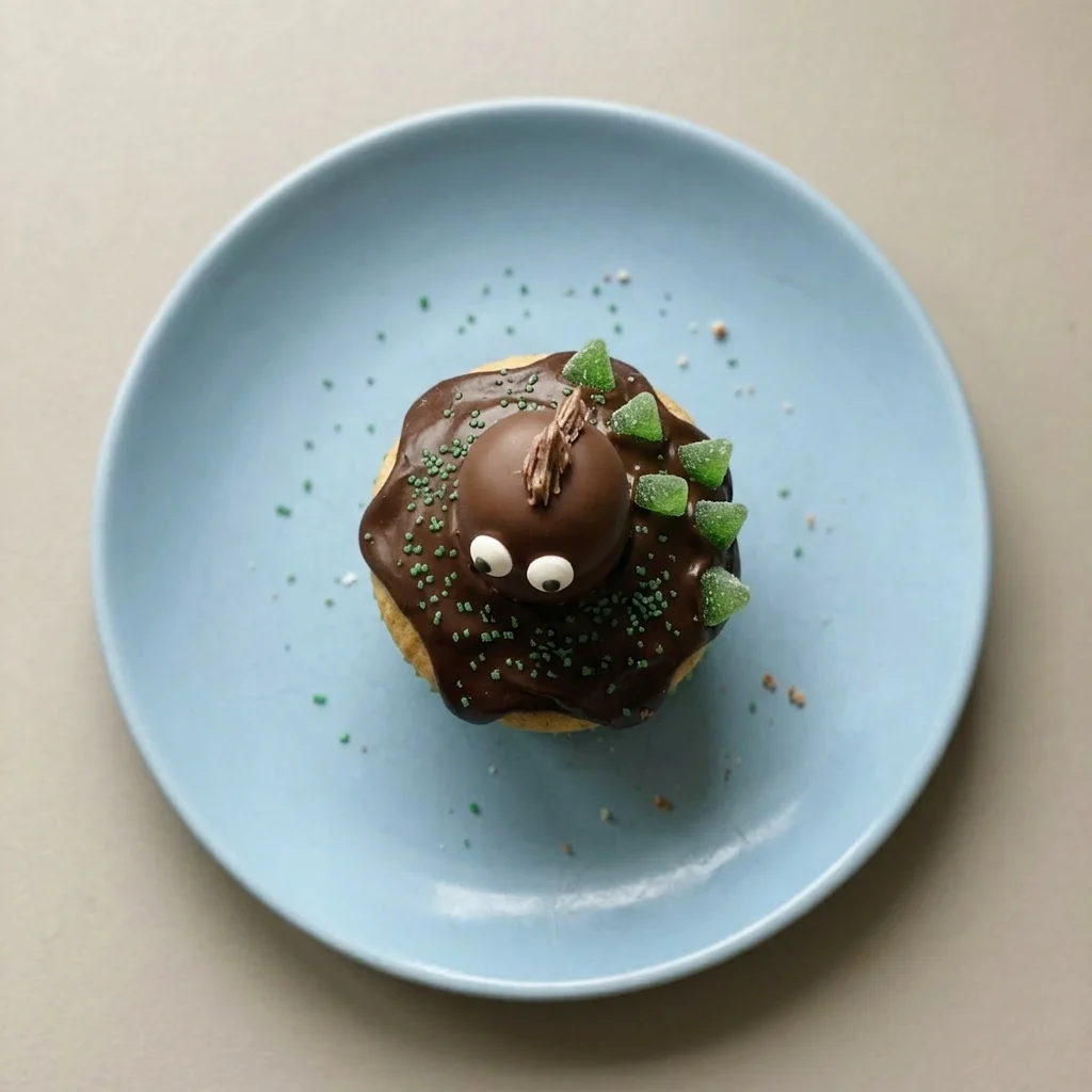 Plated muffin with dark cake glaze, white icing, marshmallow kisses, green fruit gum strips, and sugar eyes.