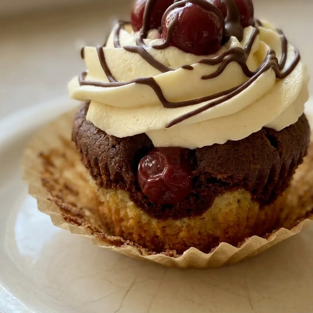 Zoomed in on a muffin with a glossy dark chocolate glaze, a dollop of whipped cream, and a sour cherry on top.