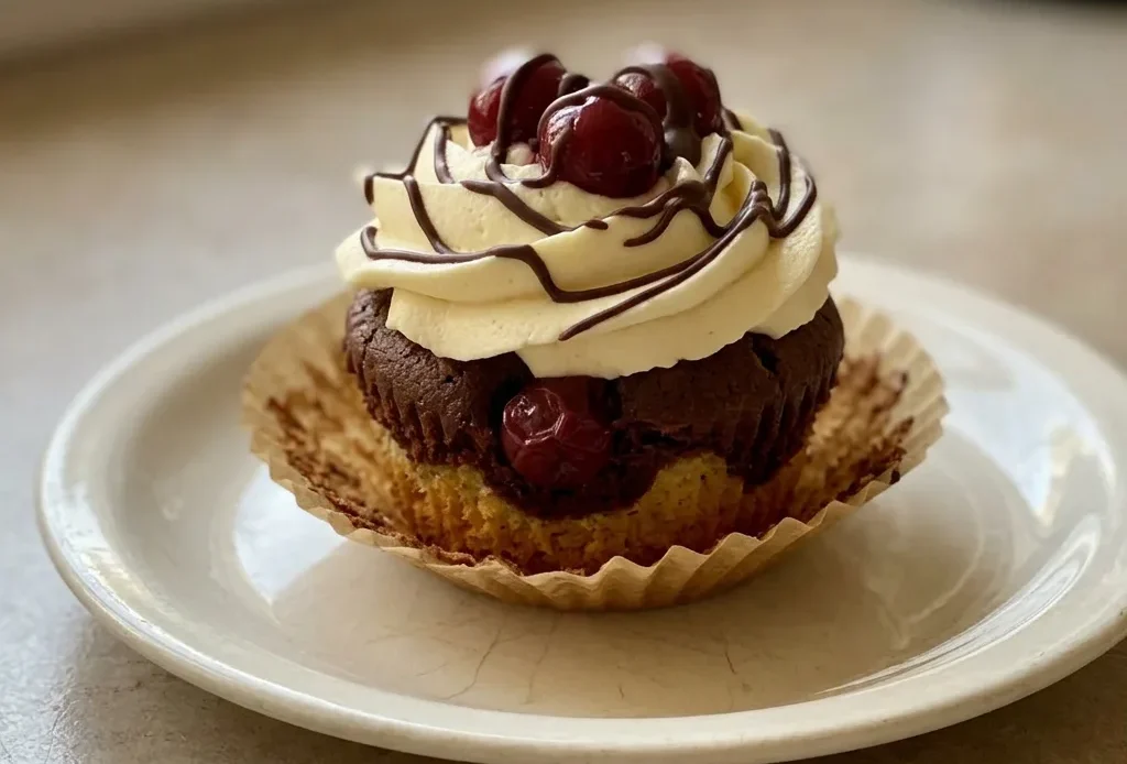 Bird's-eye view of a dark chocolate muffin topped with a swirl of chocolate cream and a single sour cherry.