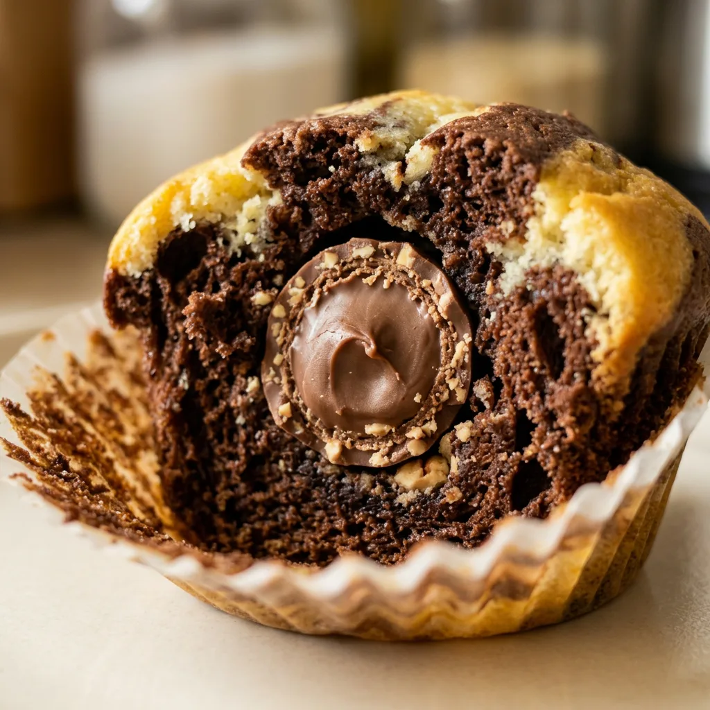 Close view of a chocolate muffin with a visible Kinder Schokobon peeking out from the top, drizzled with chocolate.