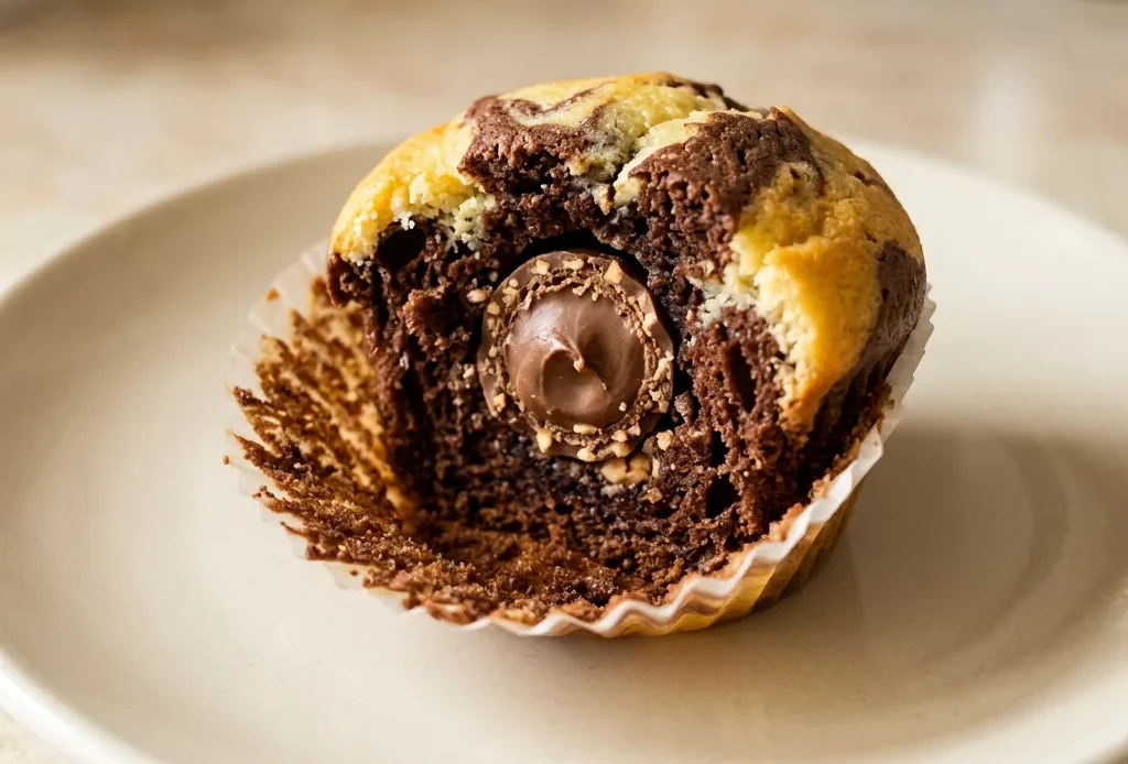 Overhead shot of two chocolate muffins topped with melted chocolate and a Kinder Schokobon in the center.