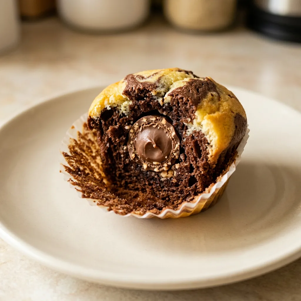 Overhead shot of two chocolate muffins topped with melted chocolate and a Kinder Schokobon in the center.