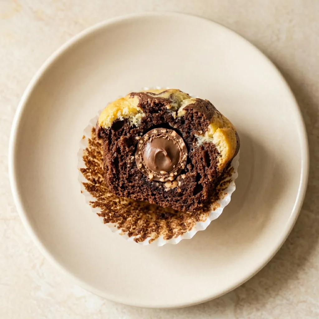 Plated chocolate muffins with a glossy chocolate topping and Kinder Schokobons embedded on top.