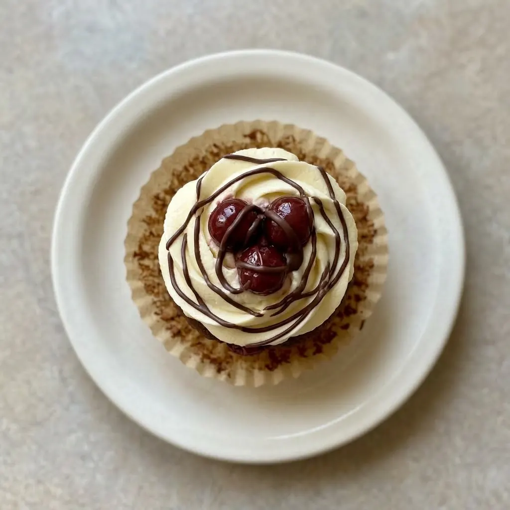 Ready to serve: a cocoa-flavored muffin with a cream and cherry topping, chocolate drizzle visible.