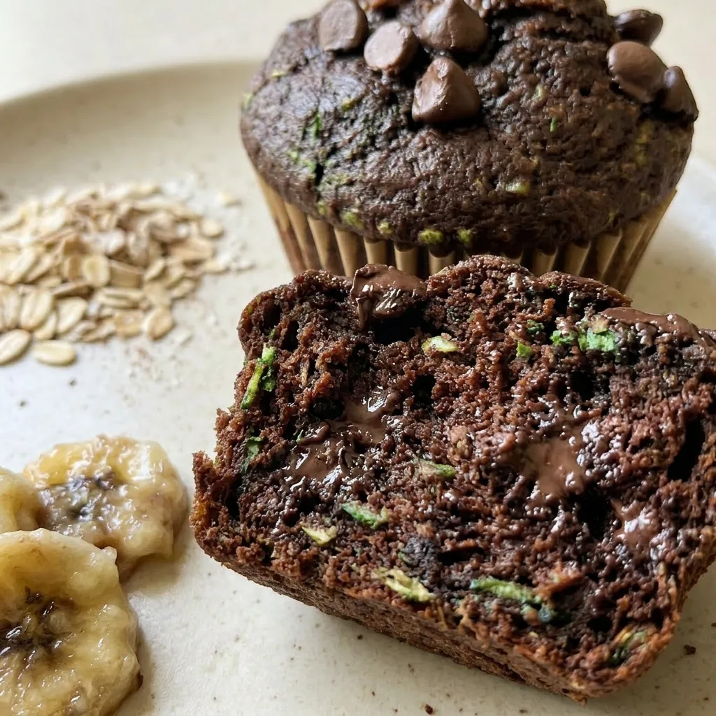 Close view of a moist double chocolate muffin studded with chocolate chips and spinach flecks.