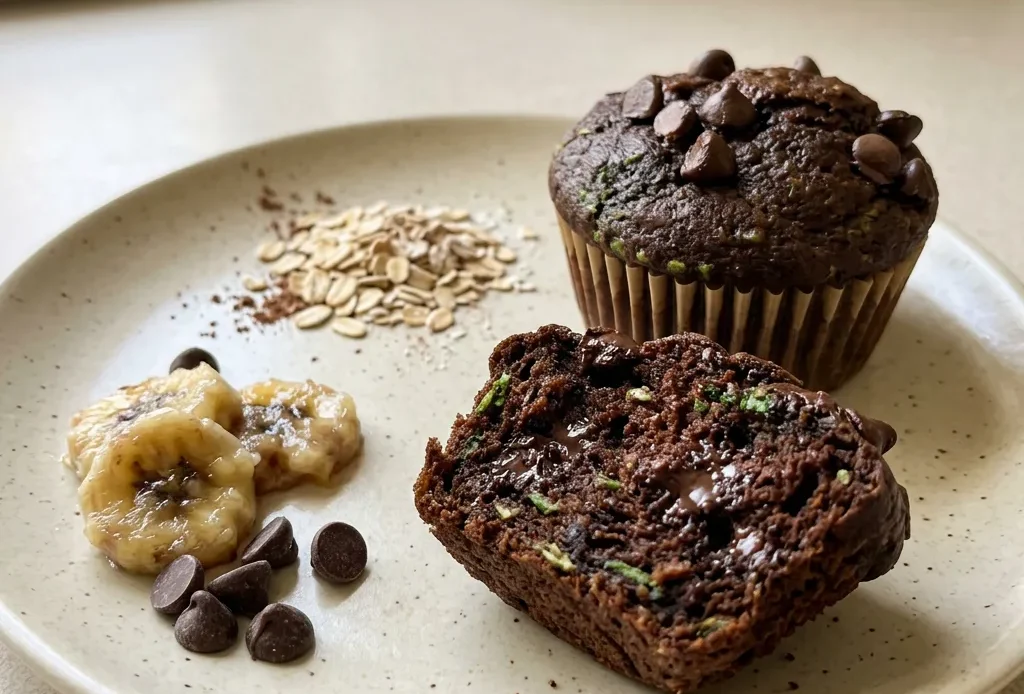 Overhead shot of a dark chocolate muffin with spinach, chocolate chips, and banana slices on top.