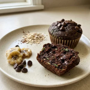 Overhead shot of a dark chocolate muffin with spinach, chocolate chips, and banana slices on top.
