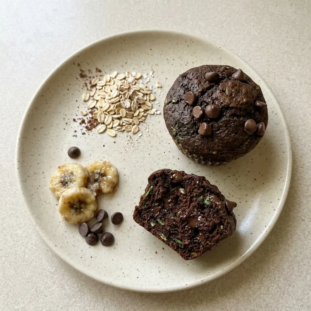 Plated muffin with a visible banana slice and chocolate chips on top, cocoa powder dusted.