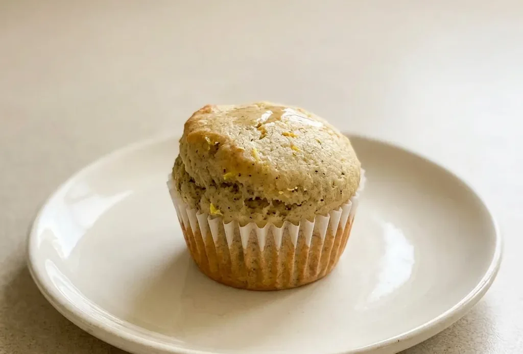 Overhead shot of a round muffin with a domed top, drizzled with honey and topped with a lemon slice and a few tea leaves.