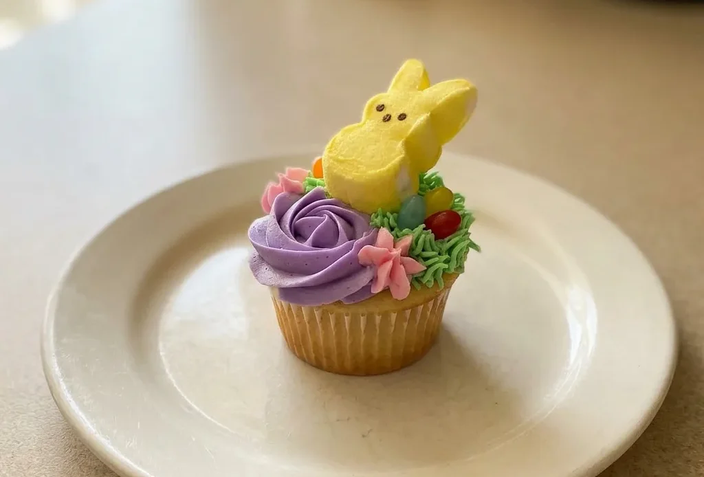Looking down at three cupcakes with pink, purple, and green frosting, topped with jelly beans and a Marshmallow Bunny Peep.