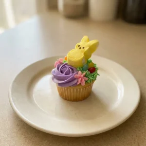 Looking down at three cupcakes with pink, purple, and green frosting, topped with jelly beans and a Marshmallow Bunny Peep.