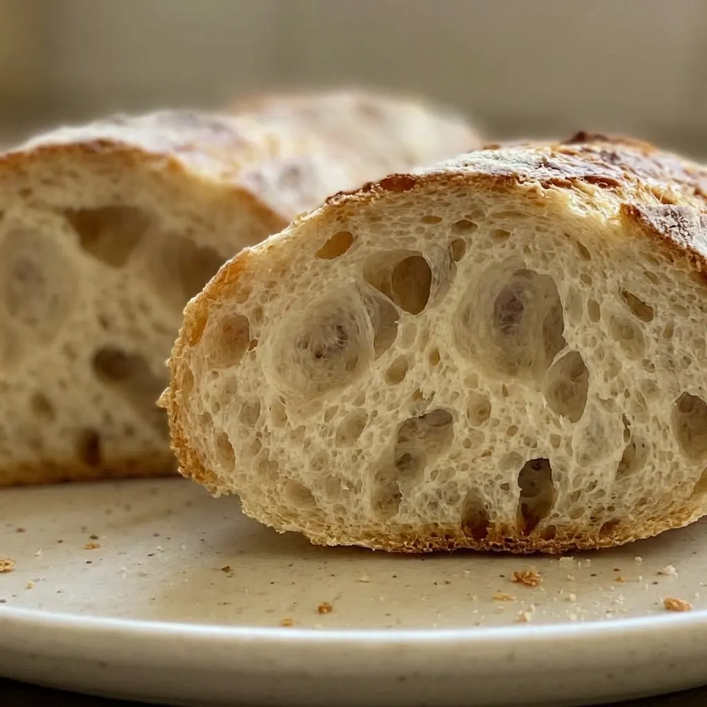 Up close, a baguette slice shows a crisp brown crust and irregular holes in the pale interior.