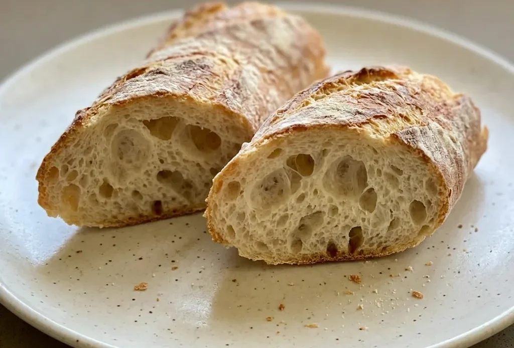Looking down at a sliced baguette with a golden crust and airy crumb on a dark surface.