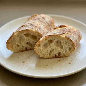 Looking down at a sliced baguette with a golden crust and airy crumb on a dark surface.