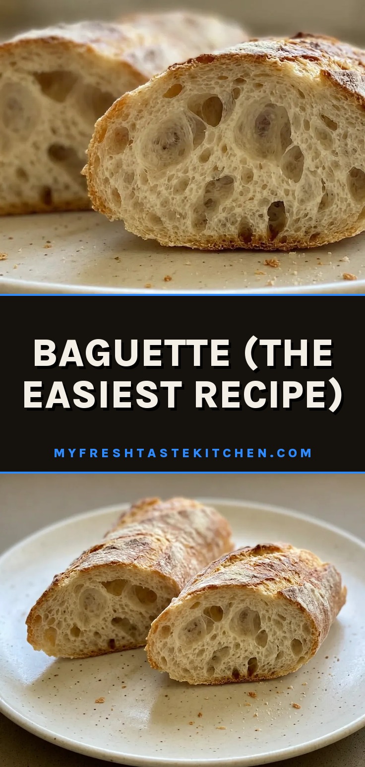 Looking down at a sliced baguette with a golden crust and airy crumb on a dark surface.