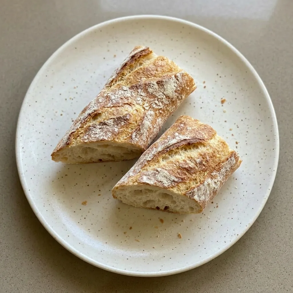 A plate of baguette slices arranged in a row, with a few scattered salt crystals on top.