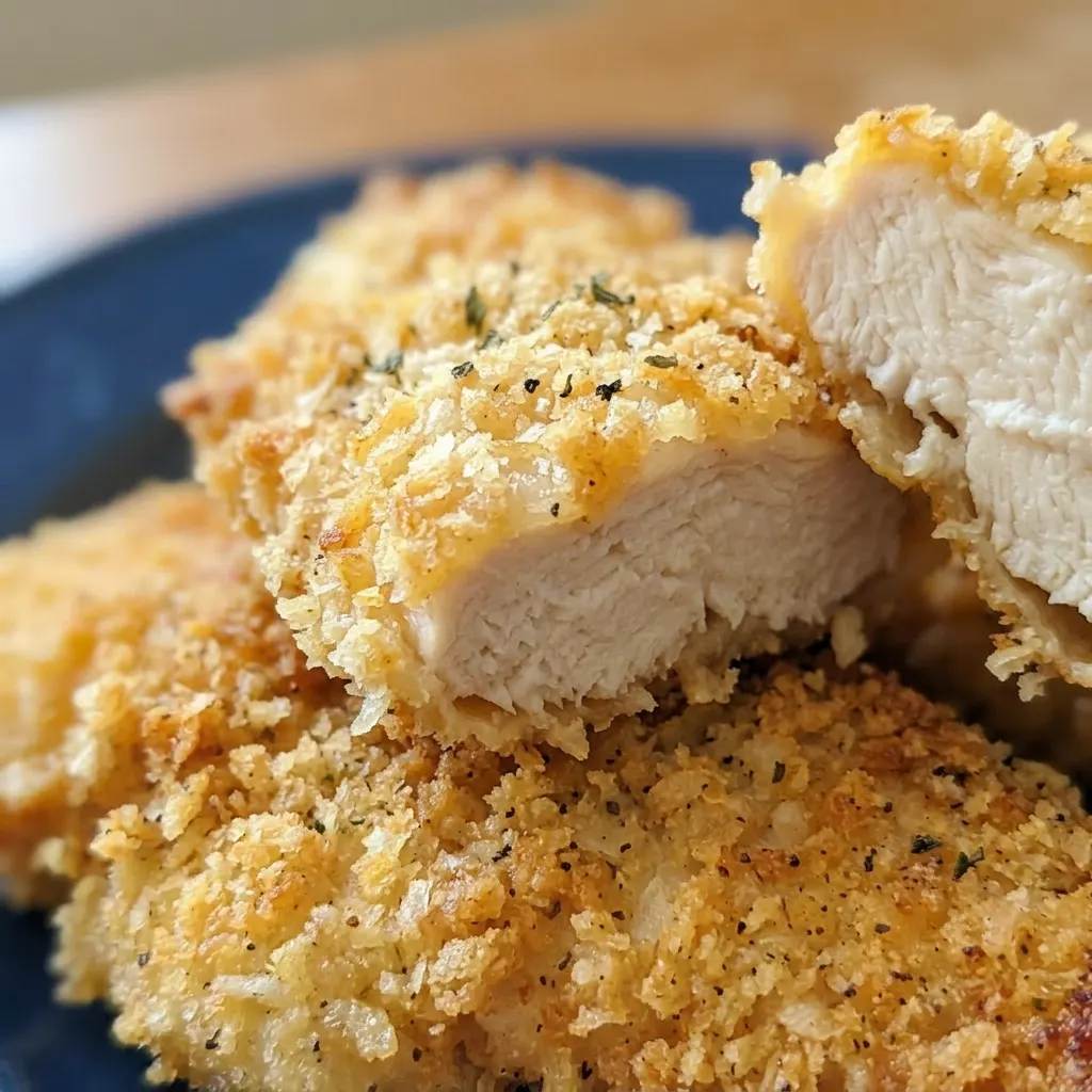 Macro detail of a chicken tender's crispy panko crust, showing browned edges and a juicy interior.