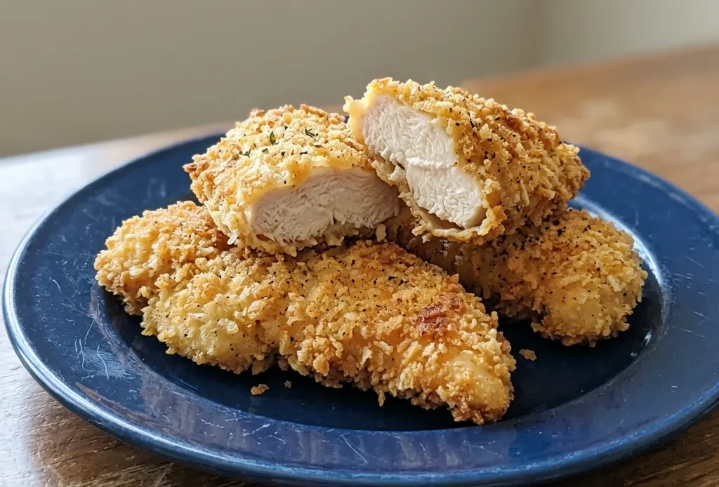 Top-down look at golden breaded chicken tenders arranged in a row, with panko coating visible.