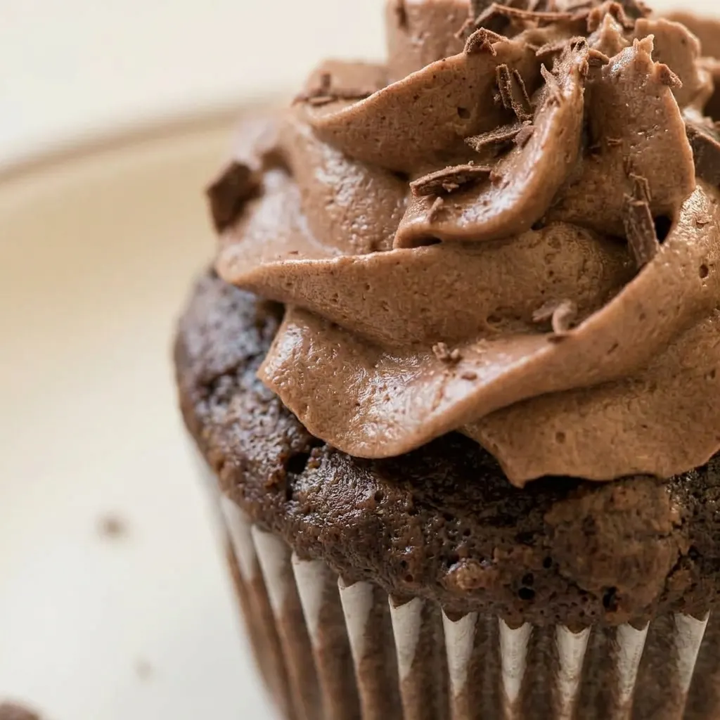 Close view of a chocolate cupcake with buttermilk chocolate frosting, visible cocoa specks, and a glossy sheen.