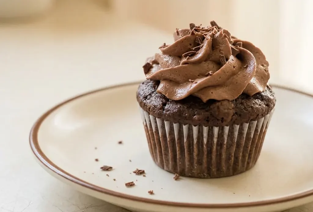 Overhead shot of three chocolate cupcakes with swirl frosting and cocoa powder dusting on a white surface.
