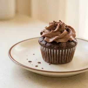 Overhead shot of three chocolate cupcakes with swirl frosting and cocoa powder dusting on a white surface.