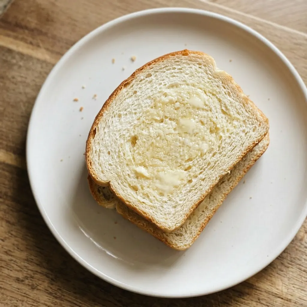 A serving of sliced bread on a wooden board, topped with a drizzle of honey and a sprinkle of sea salt.