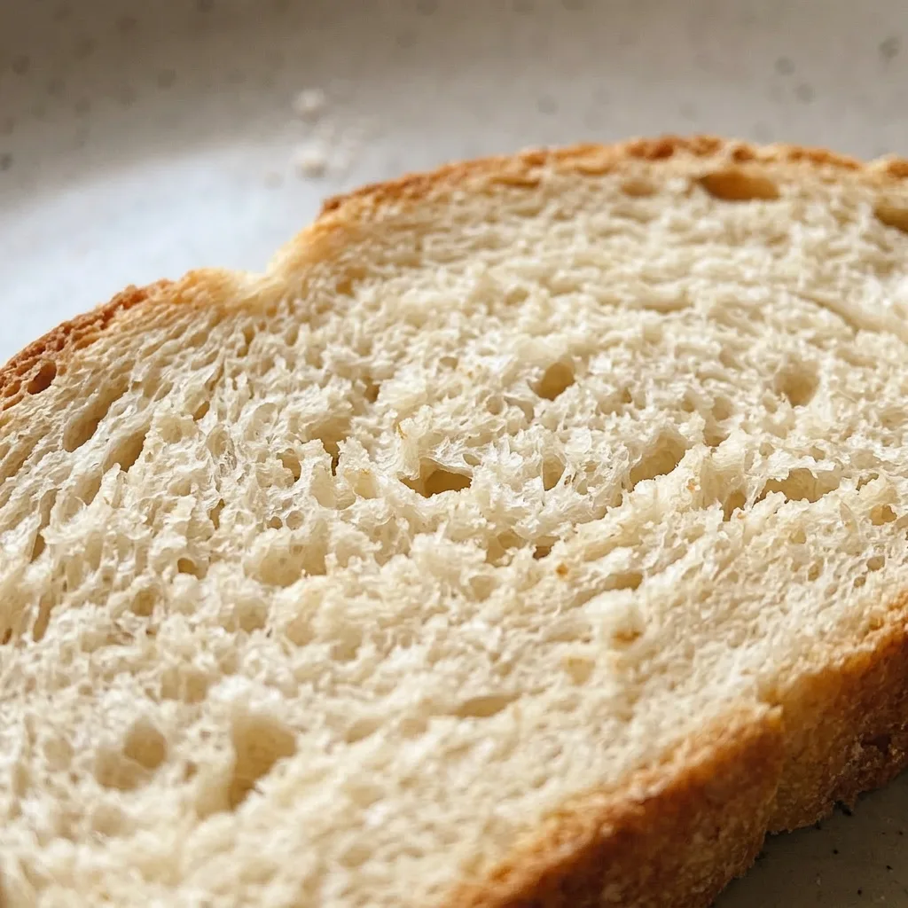 Close view of a slice of bread with a crispy crust and soft crumb, topped with a drizzle of olive oil.