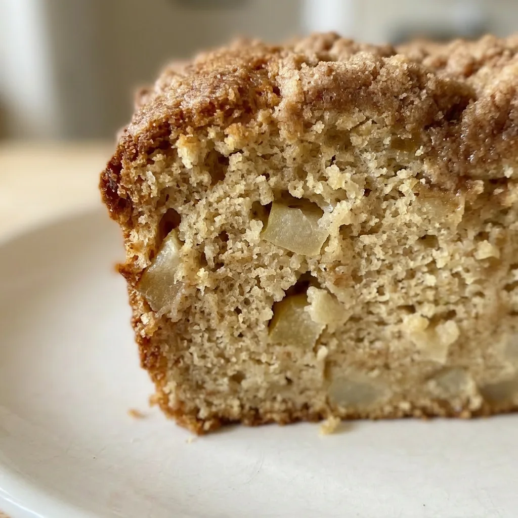 Up close, a moist slice of pear bread with bits of pear, cinnamon specks, and a subtle nutmeg aroma.
