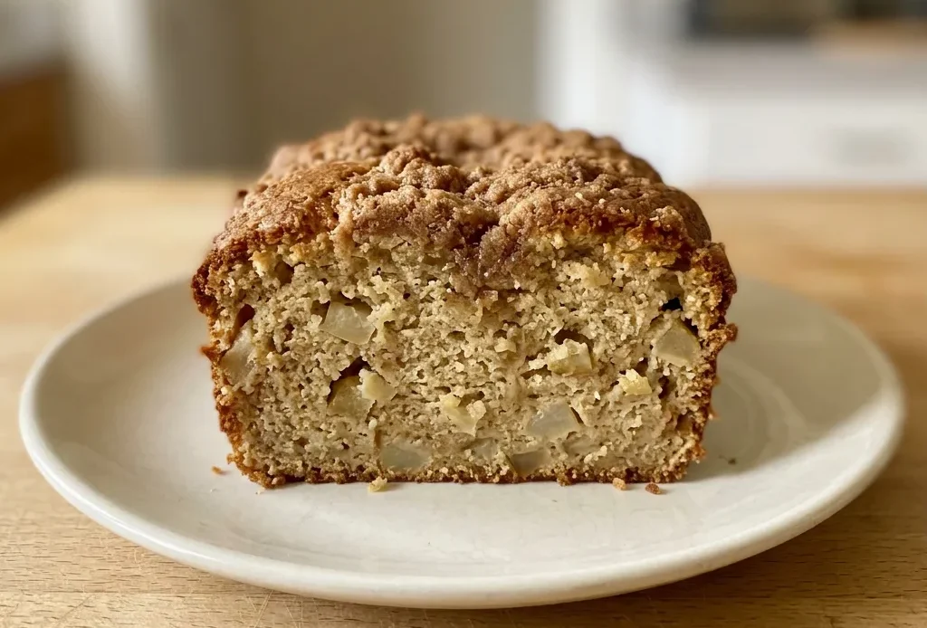 Looking down at a round slice of pear bread with visible pear chunks and a light dusting of cinnamon.