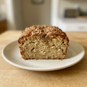 Looking down at a round slice of pear bread with visible pear chunks and a light dusting of cinnamon.