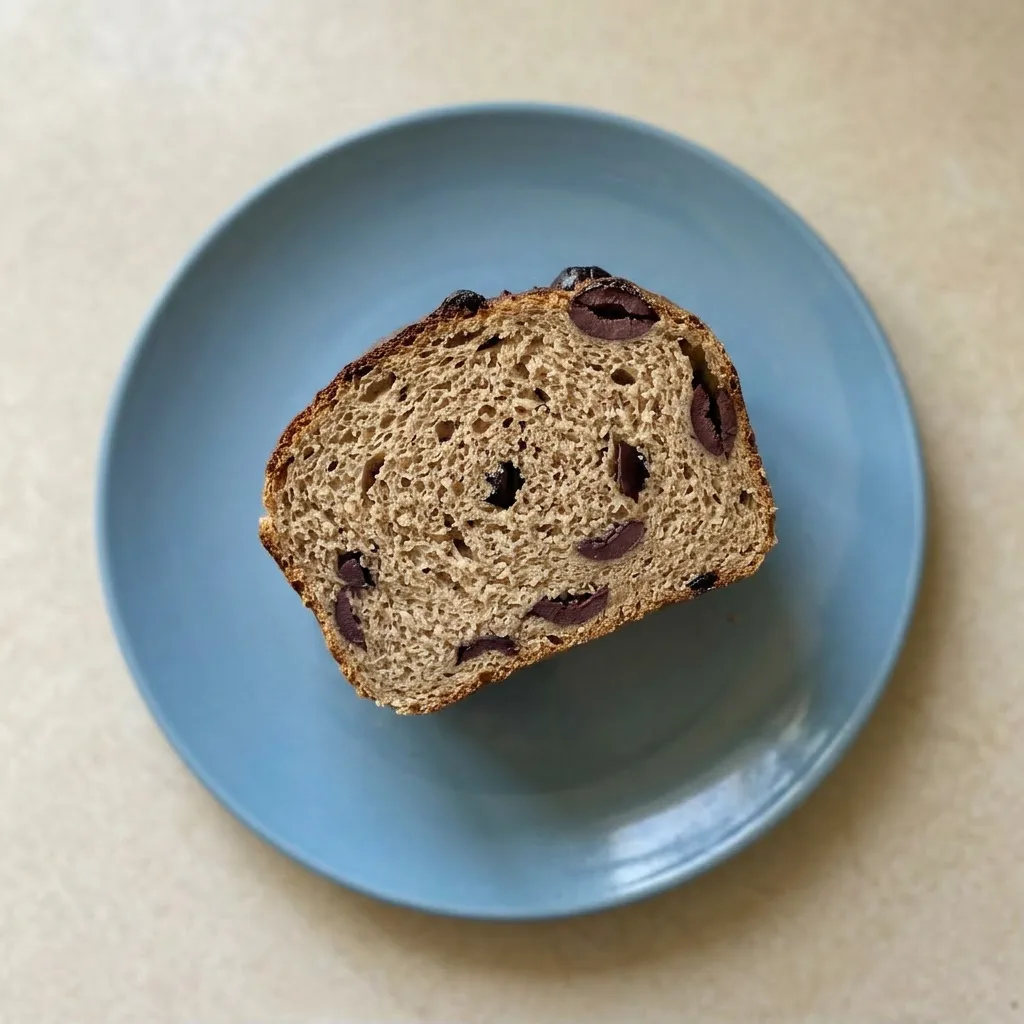 A serving of a crusty bread loaf with a butter knife and a small dish of olive oil.