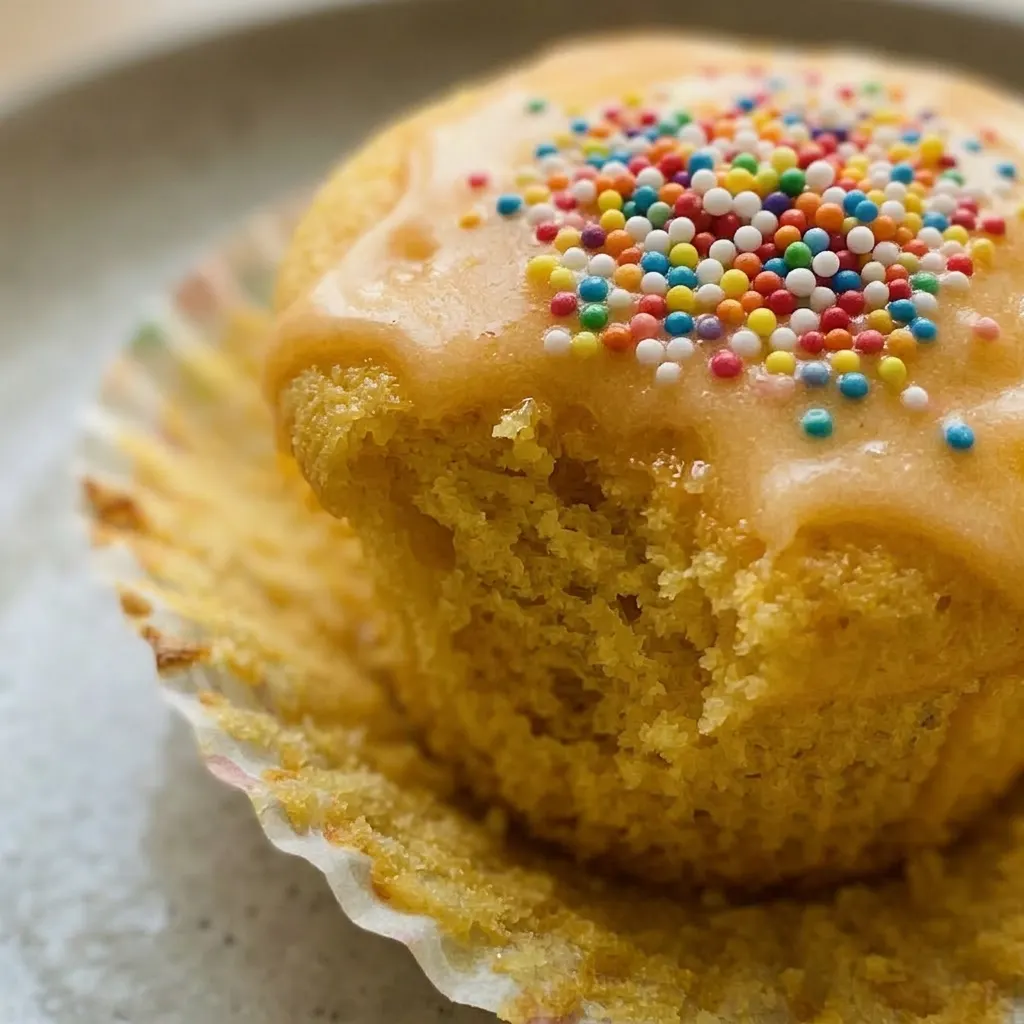 Close view of a muffin topped with white glaze and colorful sprinkles.