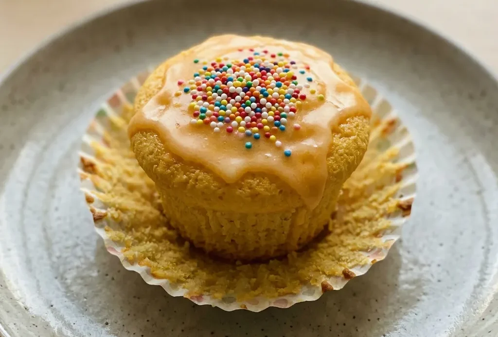 Overhead shot of three muffins with orange soda glaze and rainbow sprinkles.