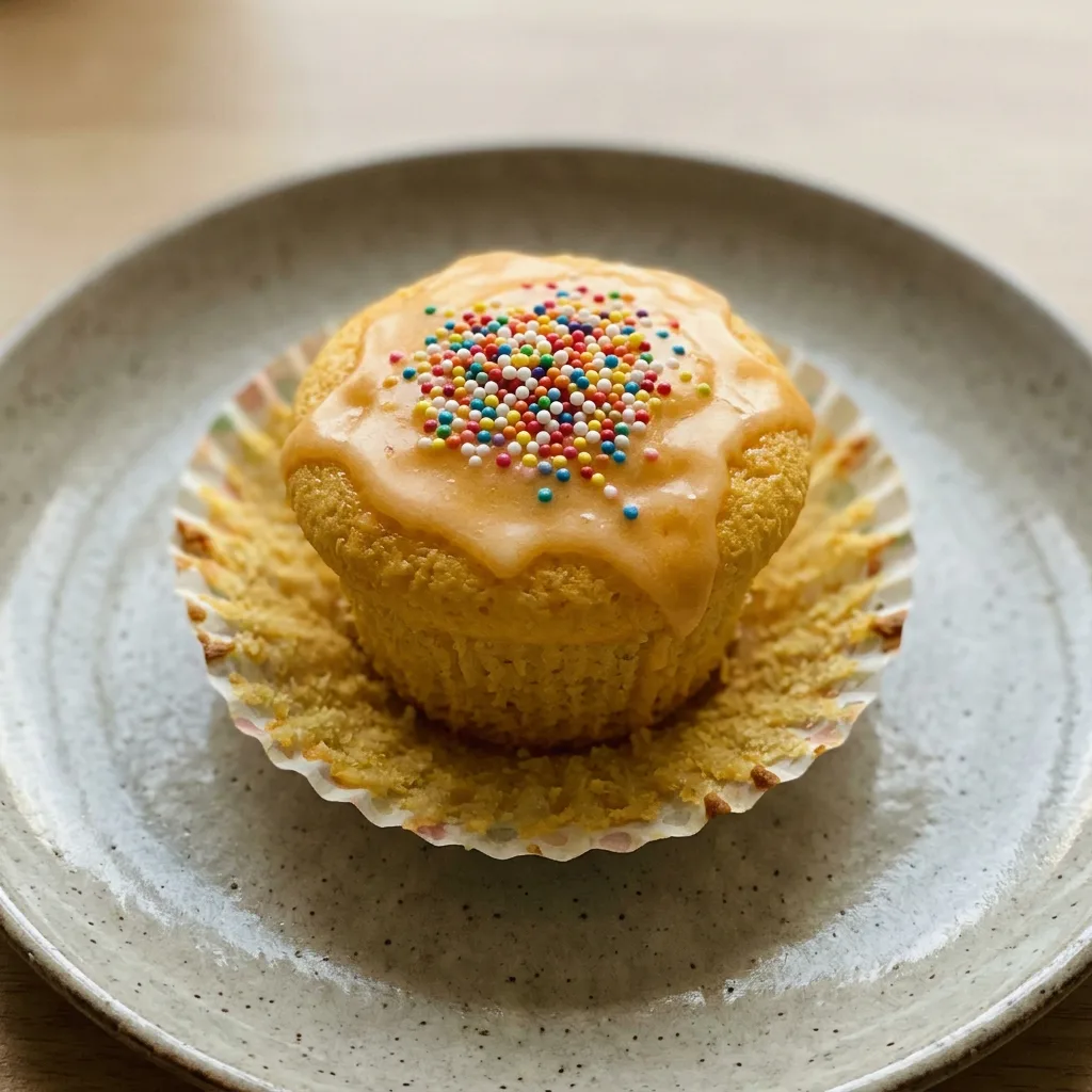 Overhead shot of three muffins with orange soda glaze and rainbow sprinkles.