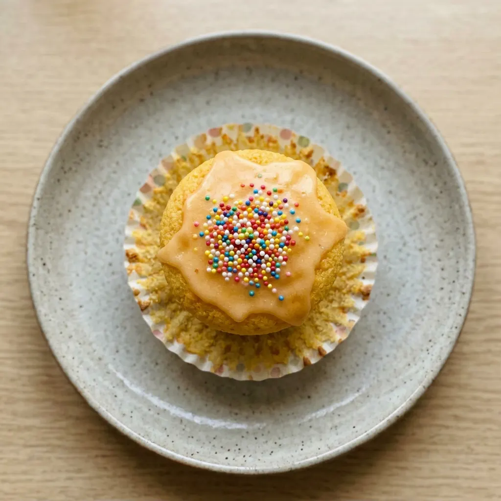 Plated muffin with glossy orange soda icing and sprinkles.