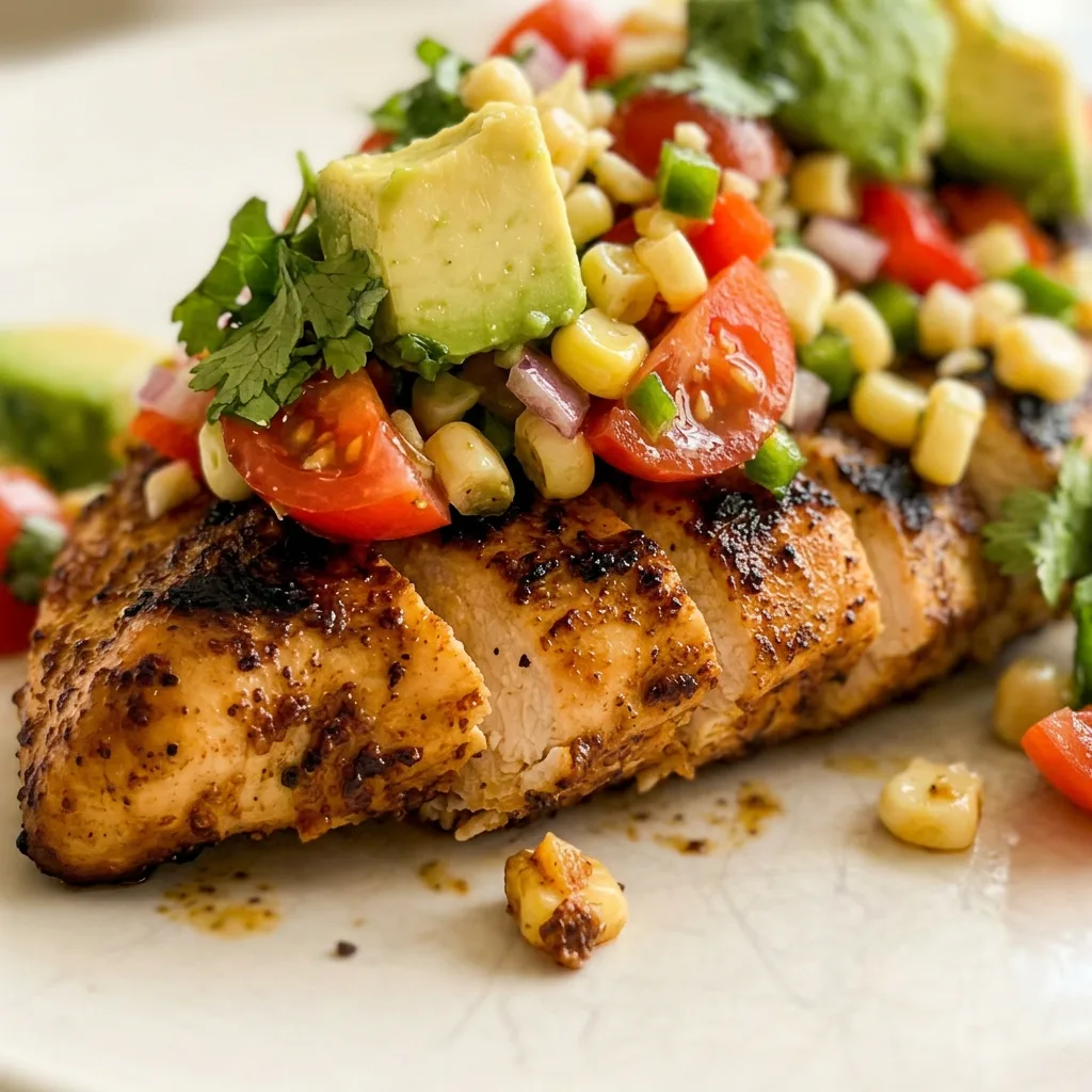 Macro detail of a chicken piece with visible cumin and chili powder seasoning, topped with fresh avocado and tomato, and a squeeze of lime.