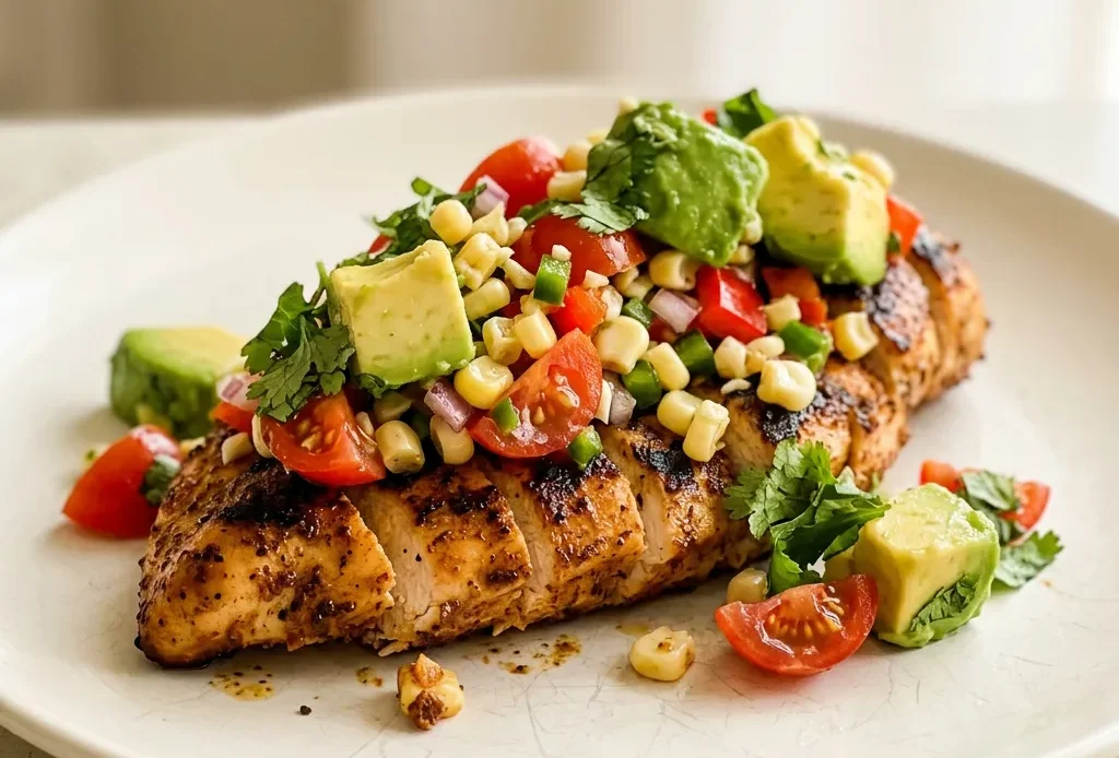 Top-down look at a chicken breast topped with diced avocado, corn, tomato, jalapeno, and cilantro, with lime wedges on the side.