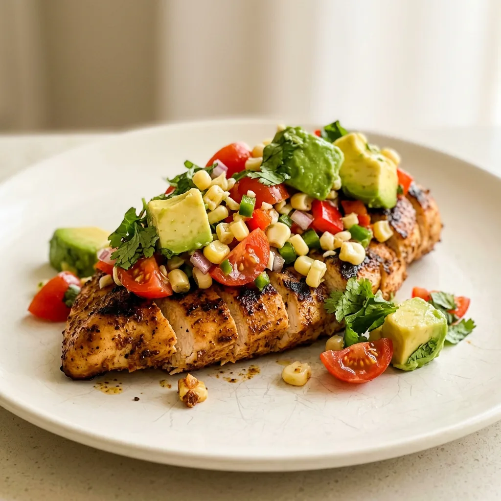 Top-down look at a chicken breast topped with diced avocado, corn, tomato, jalapeno, and cilantro, with lime wedges on the side.