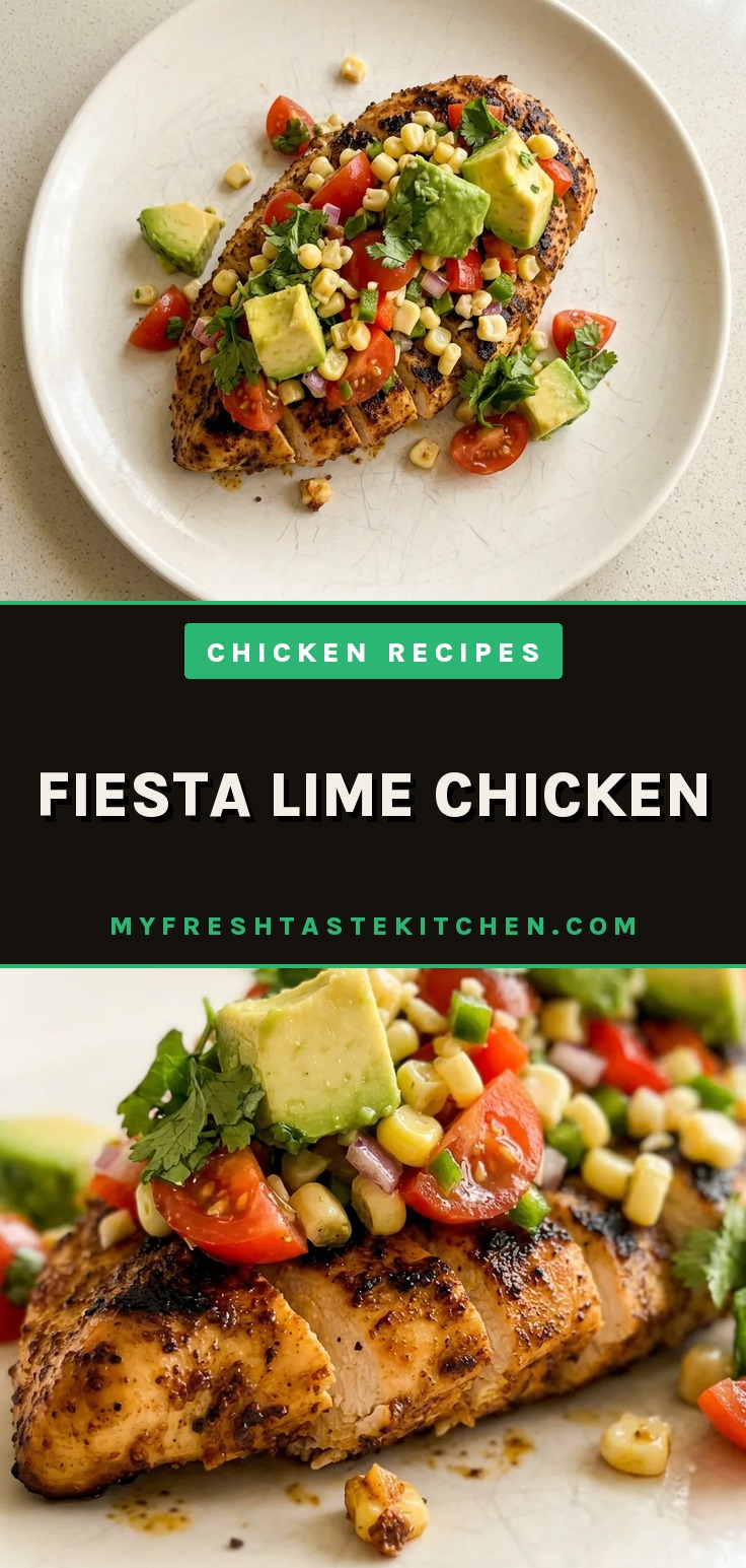 Top-down look at a chicken breast topped with diced avocado, corn, tomato, jalapeno, and cilantro, with lime wedges on the side.