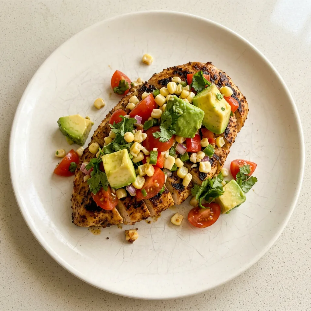 A serving of chicken garnished with avocado, corn, tomato, jalapeno, cilantro, and a lime wedge, with smoked paprika and cumin visible.