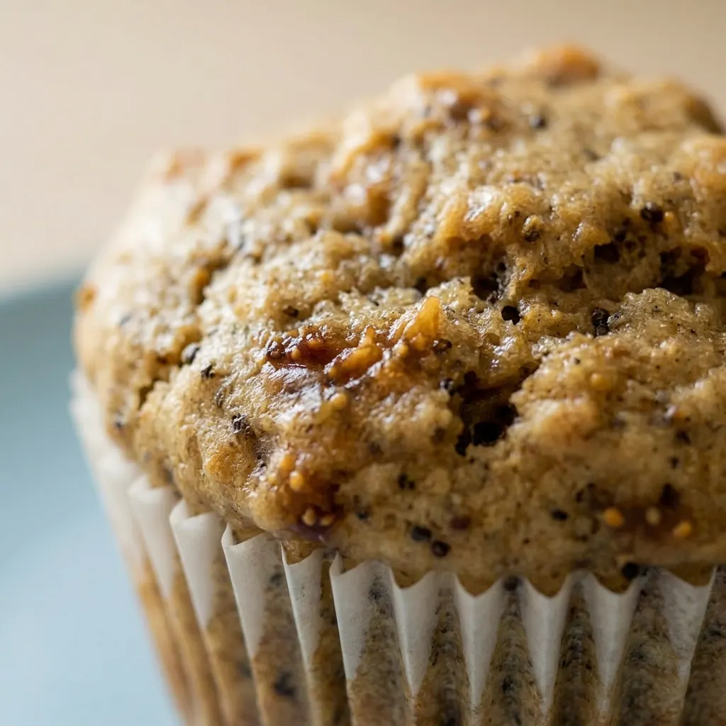 Up close, a warm muffin with a golden-brown crust, a wedge of fig embedded in the crumb, and a light cinnamon sprinkle.