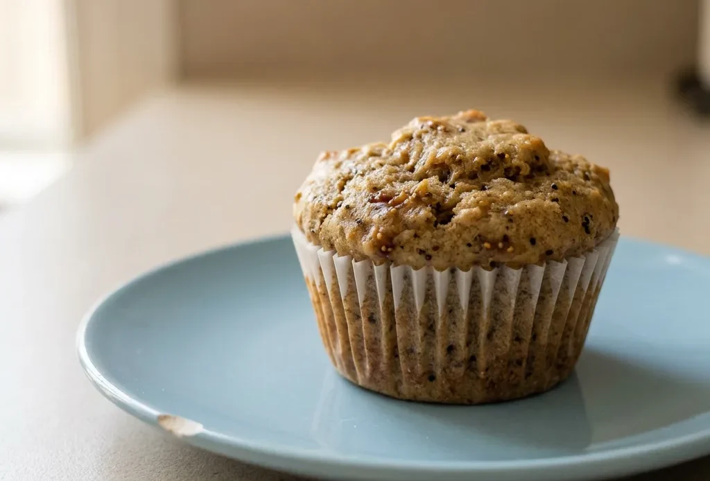 Looking down at a round fig muffin with a cracked top, visible fig pieces and a dusting of cinnamon.