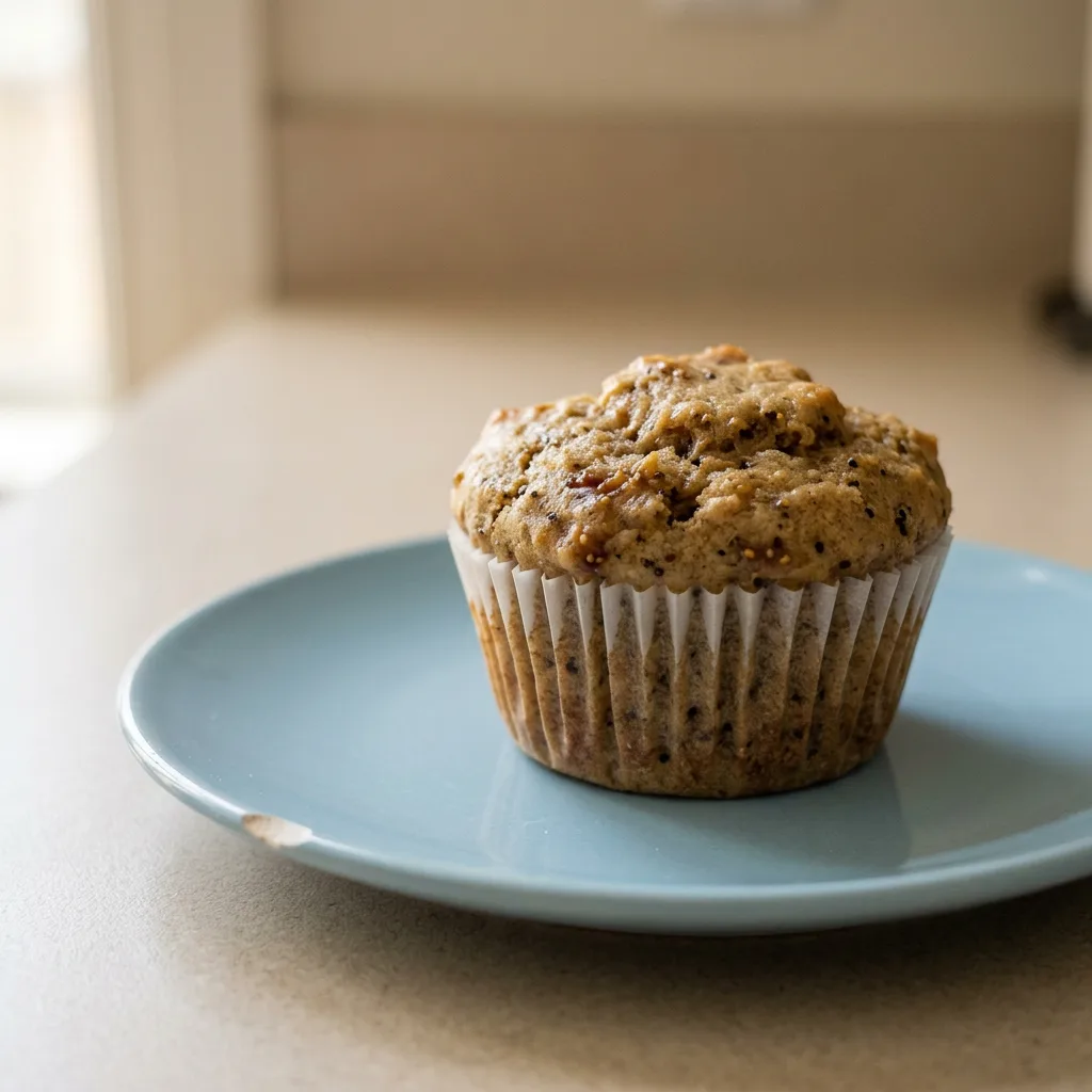 Looking down at a round fig muffin with a cracked top, visible fig pieces and a dusting of cinnamon.