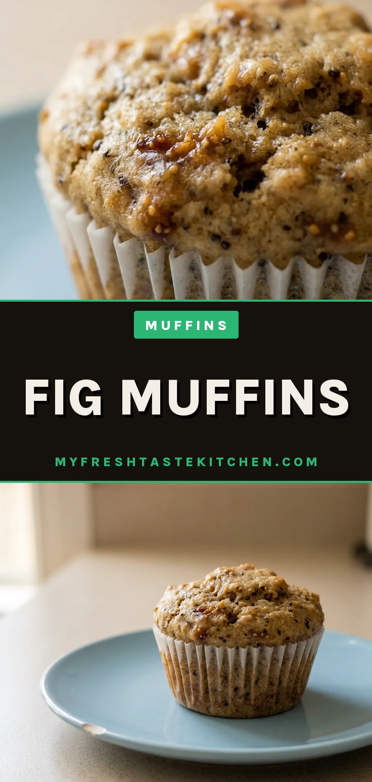 Looking down at a round fig muffin with a cracked top, visible fig pieces and a dusting of cinnamon.