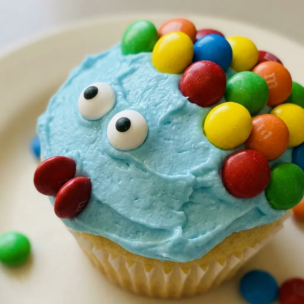 Zoomed in on a fish cupcake with blue frosting, candy fins, and candy eyes, showing the cake mix base.