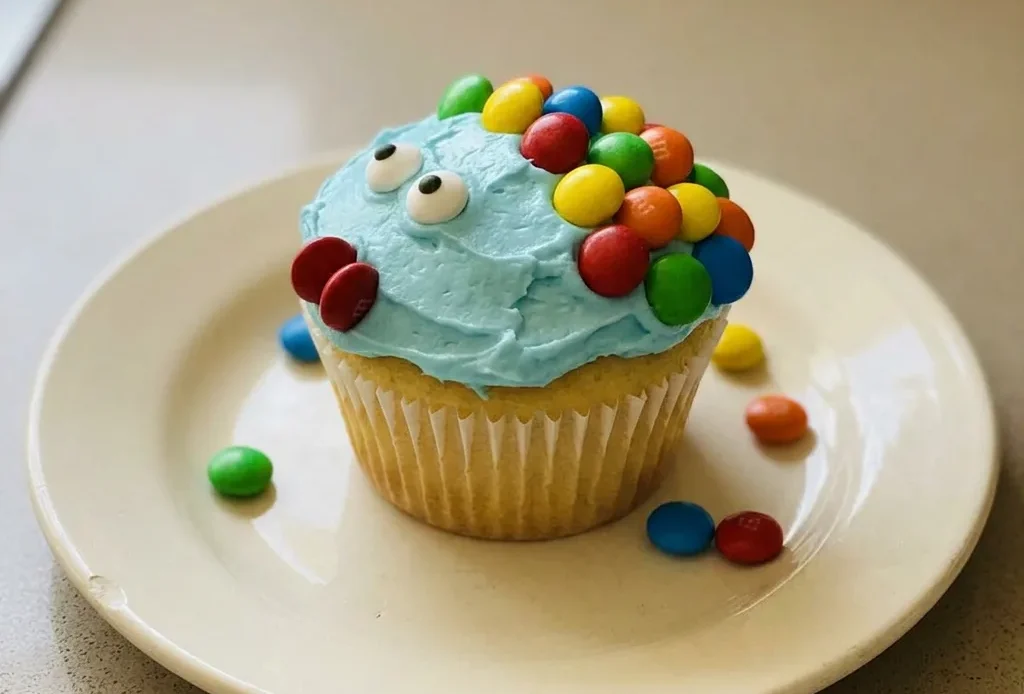 Bird's-eye view of a fish-shaped cupcake with blue frosting, candy scales, and candy eyes on a white background.