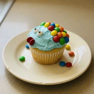 Bird's-eye view of a fish-shaped cupcake with blue frosting, candy scales, and candy eyes on a white background.
