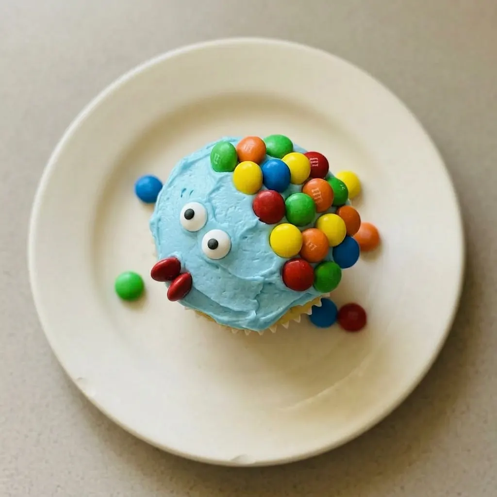 Ready to serve: a fish cupcake with blue frosting, candy scales, and candy eyes, with a side of candy.