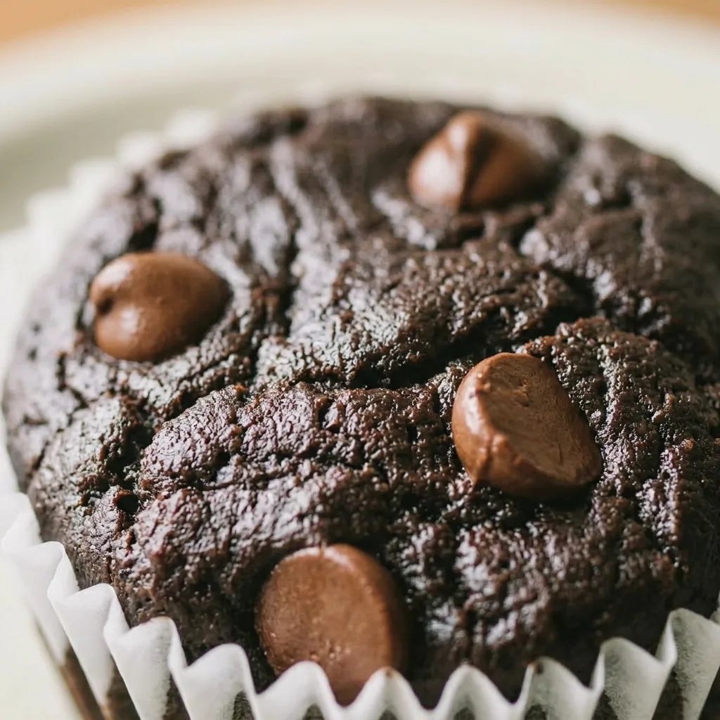 Zoomed in on a single muffin with a cracked top, showing dark chocolate chips and a fudgy interior.
