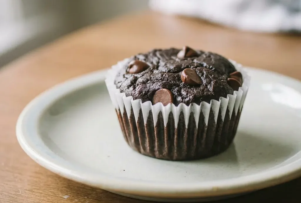Bird's-eye view of three dark brownie muffins topped with chocolate chips on a cooling rack.
